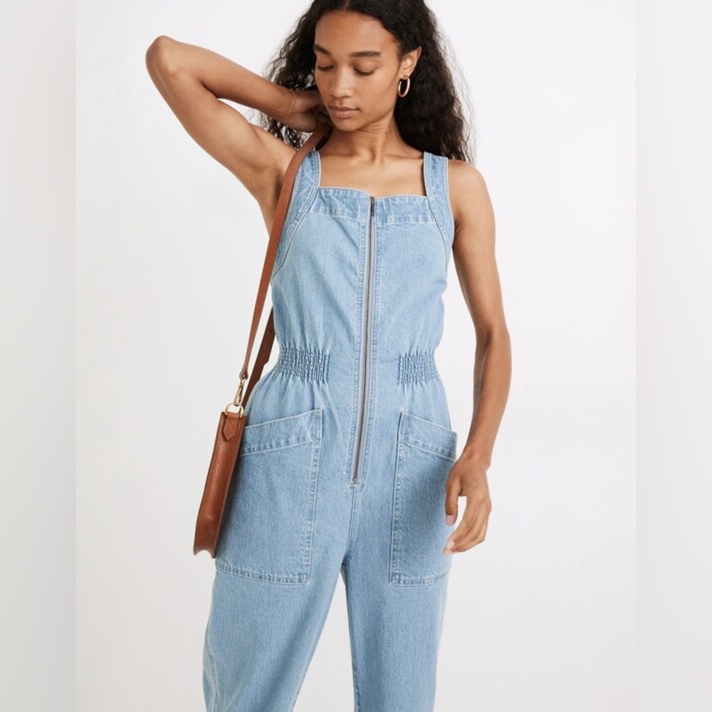 Madewell Petite Denim Zip Smock-Waist Jumpsuit Baisley Wash Womens SP - Picture 2 of 14